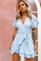 Cami Angel Sleeve Faux Wrap Dress Lace Baby Blue