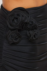 Slinky Jersey Rose Detail Mid-Rise Maxi Skirt in Black