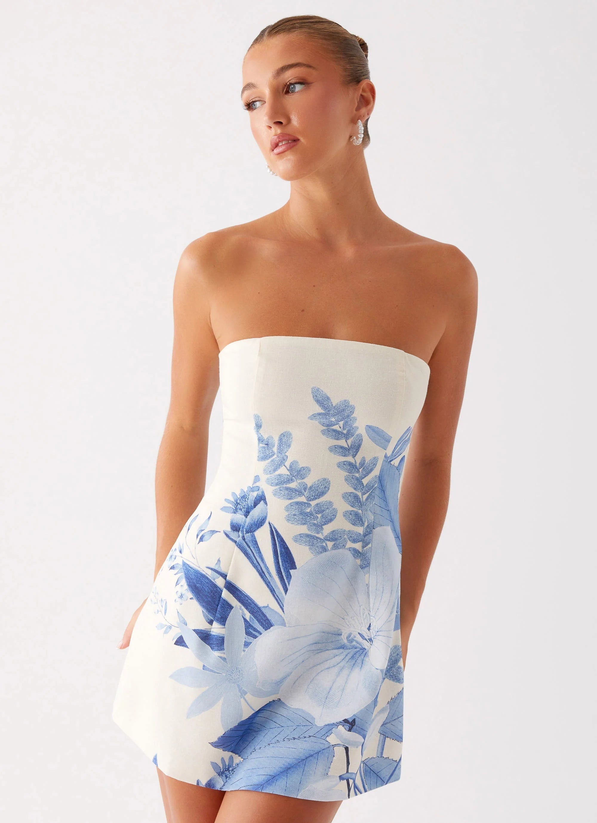 Denby Strapless Mini Dress - Blue Floral Print