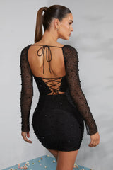 Long Sleeve Embellished Corset Mini Dress in Black