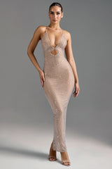 Embellished Cut-Out Maxi Dress in Almond