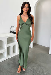 Delayne V-Neck Satin Midi Dress - Olive