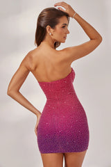 Embellished Strapless Mini Dress in Pink/Purple Ombr