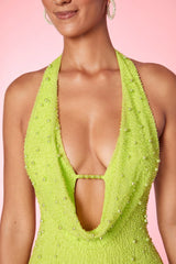 Deep Plunge Embellished Mini Dress in Lime