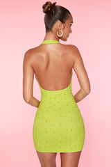 Deep Plunge Embellished Mini Dress in Lime